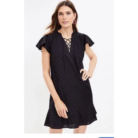 Loft Lace Up Flounce Swing Dress Black Size Lg Lightweight NEW 99$ - Picture 1 of 9